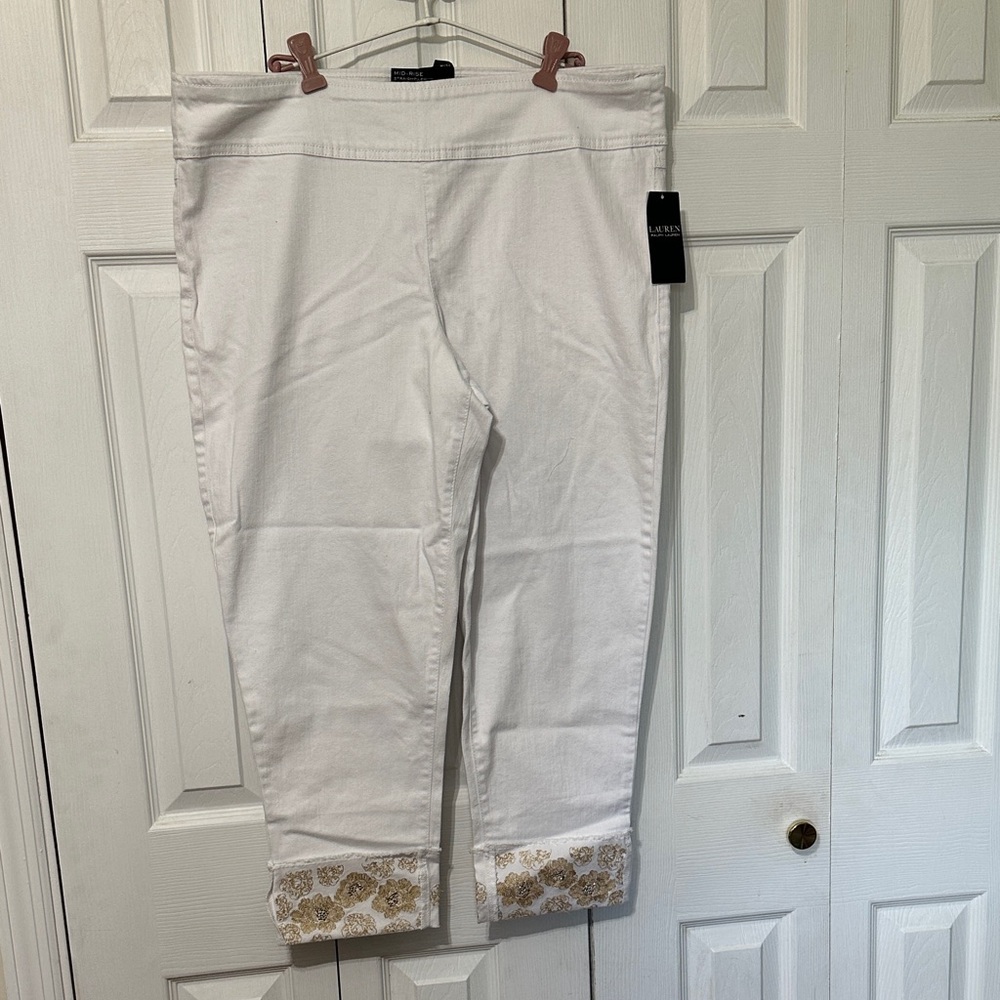 Ralph Lauren White Pants with Gold Floral Detail